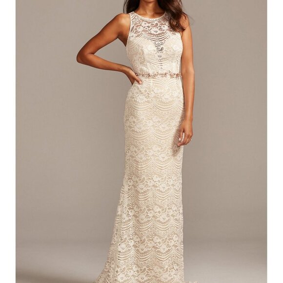 Melissa Sweet Ivory Champagne Illusion Chantilly Lace Wedding Dress - Picture 1 of 5